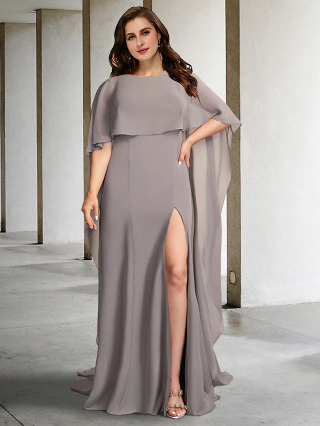 Wholesale A-Line Plus Size Curve Mother of the Bride Dresses Elegant Dress Formal Sweep / Brush Train Sleeveless Jewel Neck Chiffon with Slit